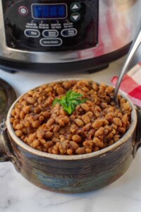 Large bowl full of new england baked beans with a crockpot in the background.