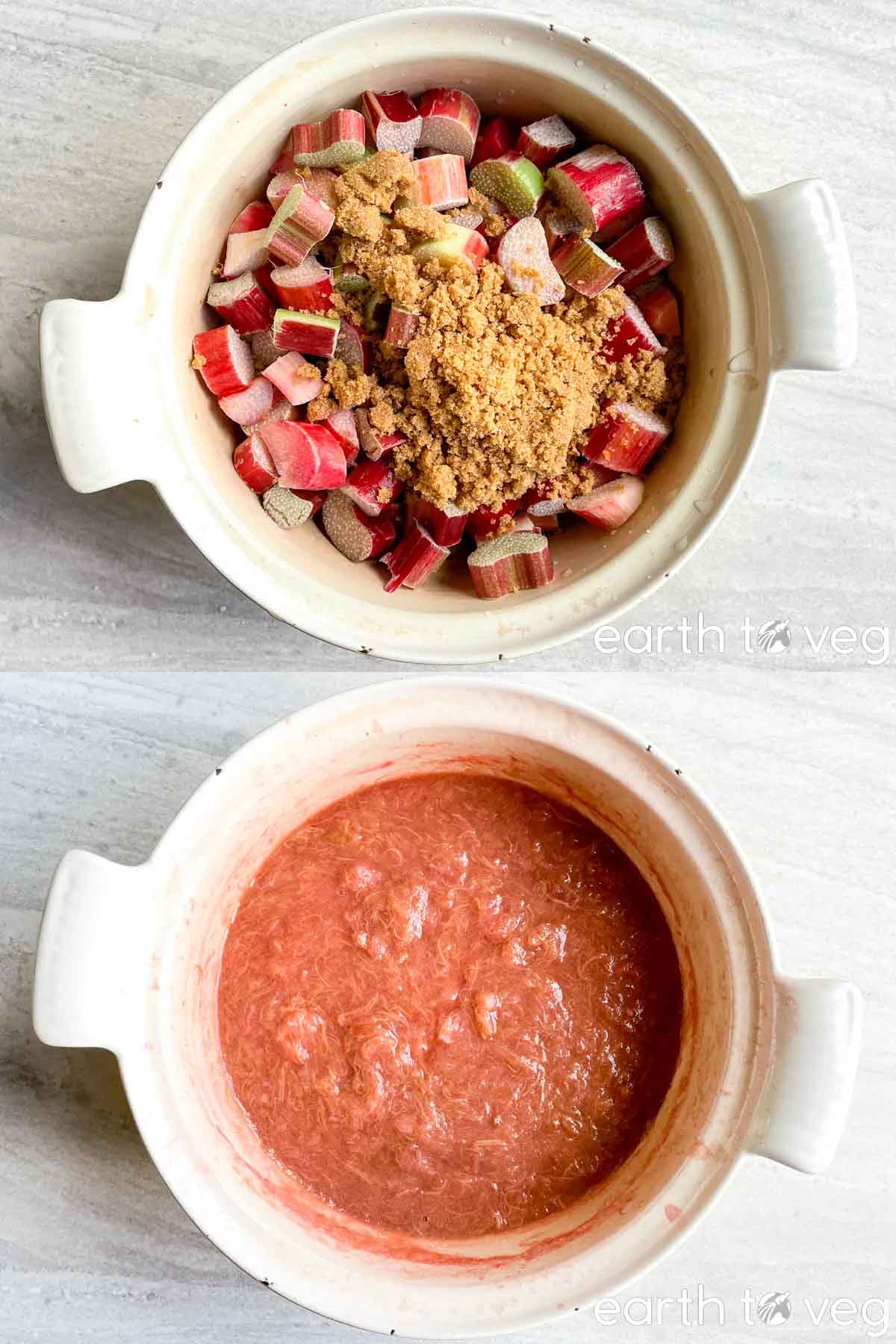 Before and after rhubarb butter in a crockpot. Top image of ingredients in a slow cooker crock and bottom image of the rhubarb butter in the crock.