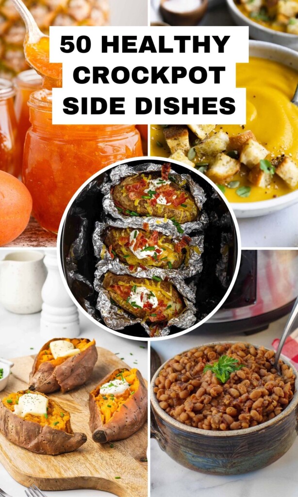 Collage of 5 images of healthy crockpot side dishes to make in the slow cooker.