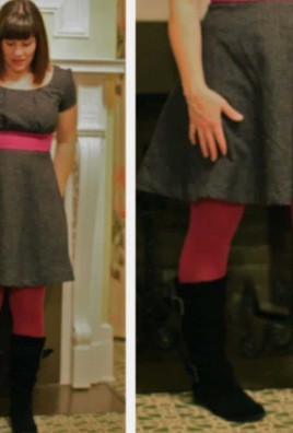 woman wearing homemade gray dress with pink around the middle and tall back boots