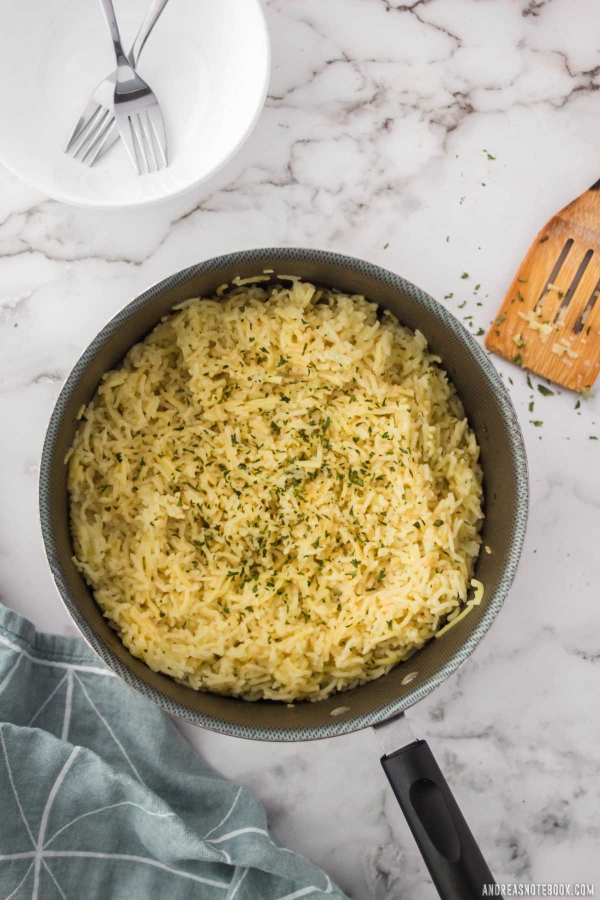 Cooked fluffy healthy rice-a-rony copycat recipe in a saucepan.