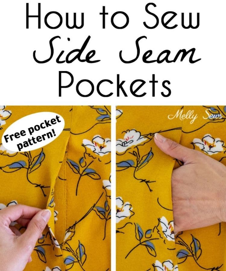yellow floral fabric closeup with hand in side seam pocket.