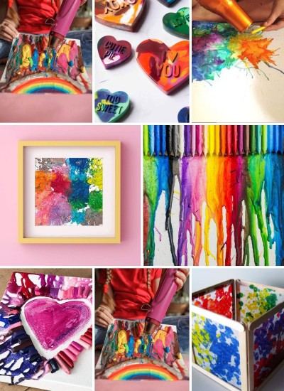 Collage of melted crayon art tutorials.