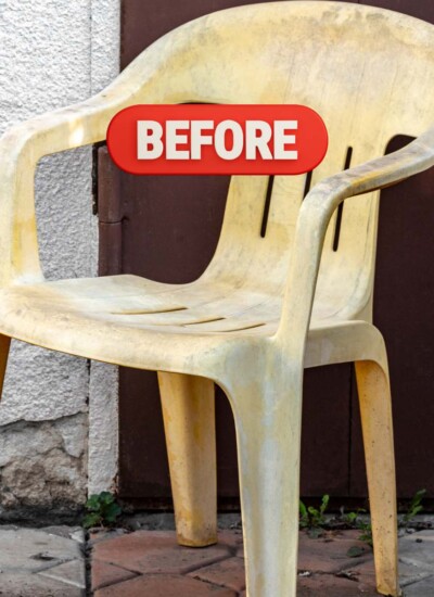 Dirty old outdoor plastic patio chair before photo.