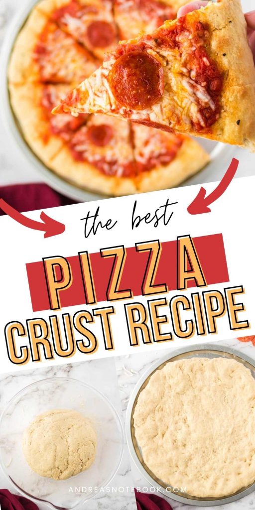 text: the best pizza crust recipe: image: zoomed in pizza on pan with pepperoni and cheese