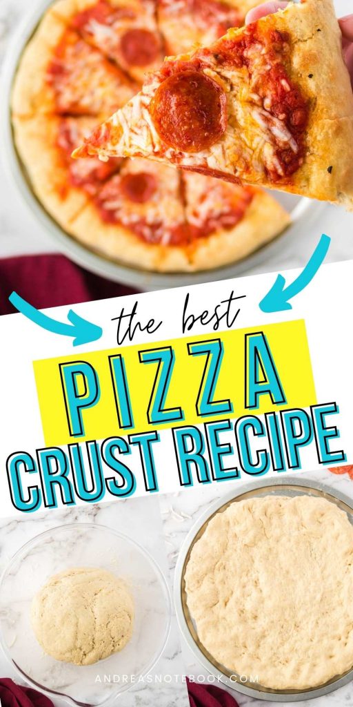 text: the best pizza crust recipe: image: zoomed in pizza on pan with pepperoni and cheese