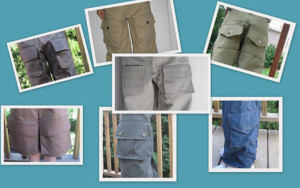 Collage of different styles of cargo pockets on pants and shorts.
