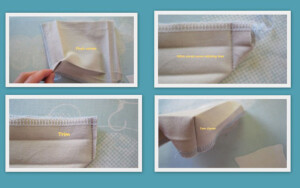Collage of how to make boxed pocket bottom.
