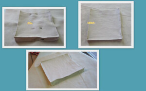 Collage of how to pin the pocket on the garment and stitch.