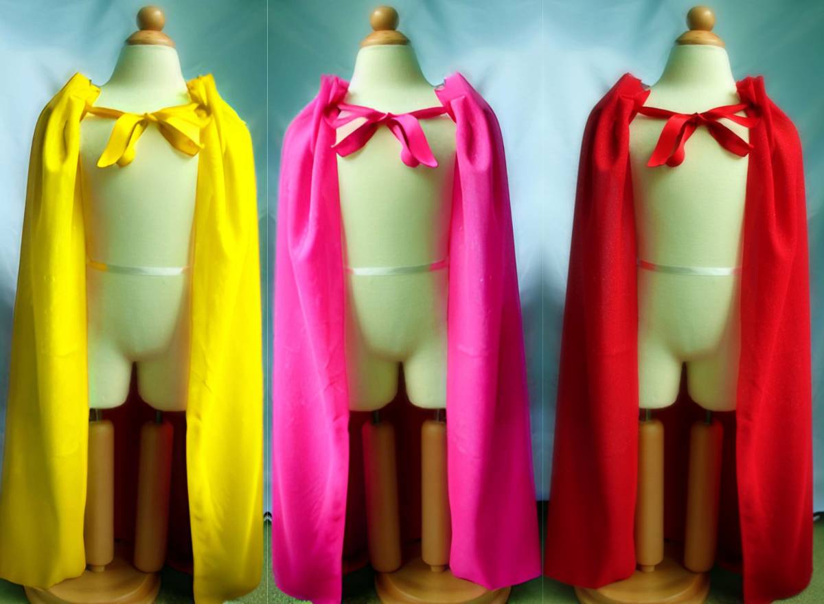 3 no sew capes: yellow cape, pink cape and red cape.