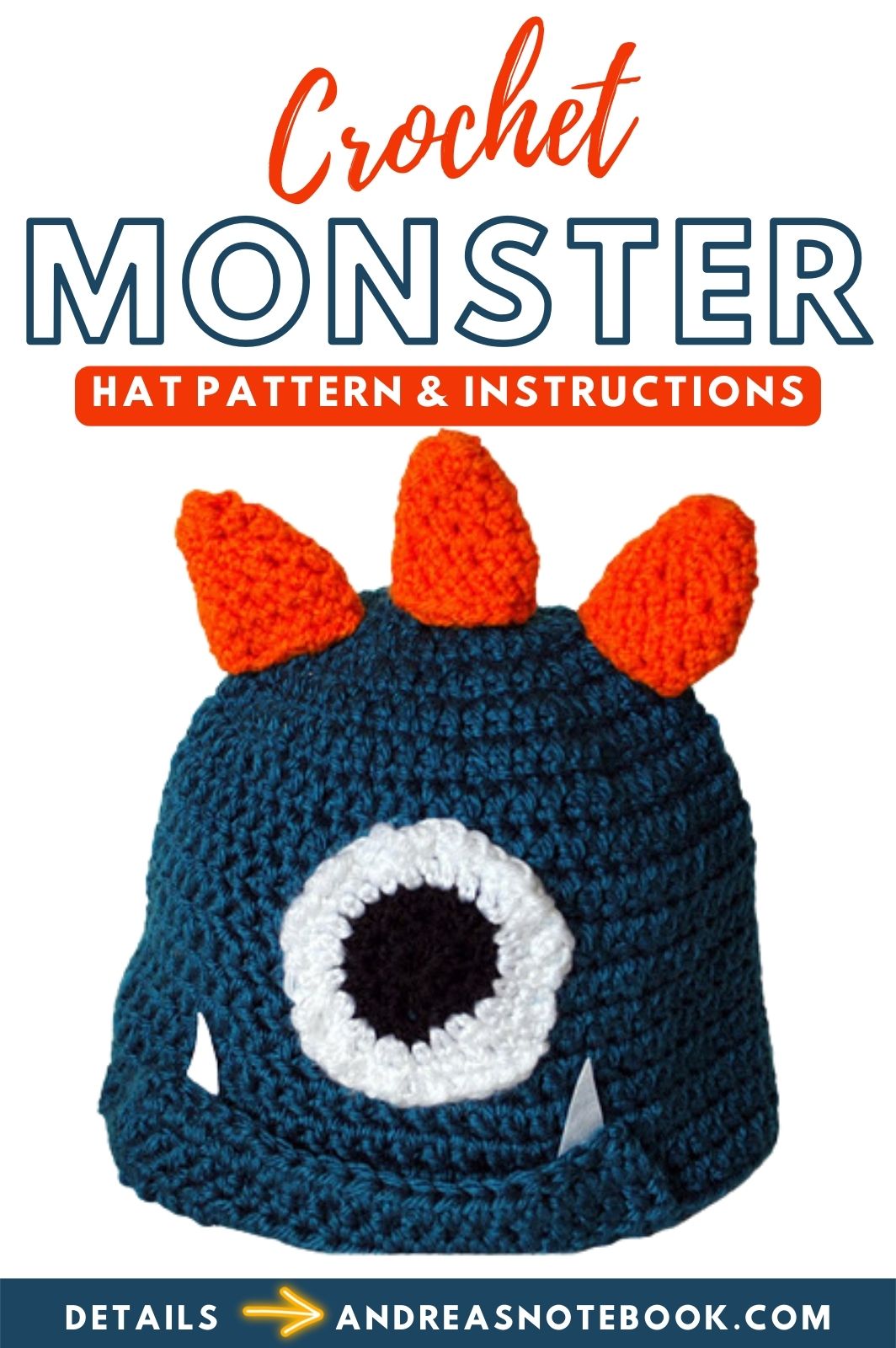 Image of crocheted monster hat with spikes and one eye.