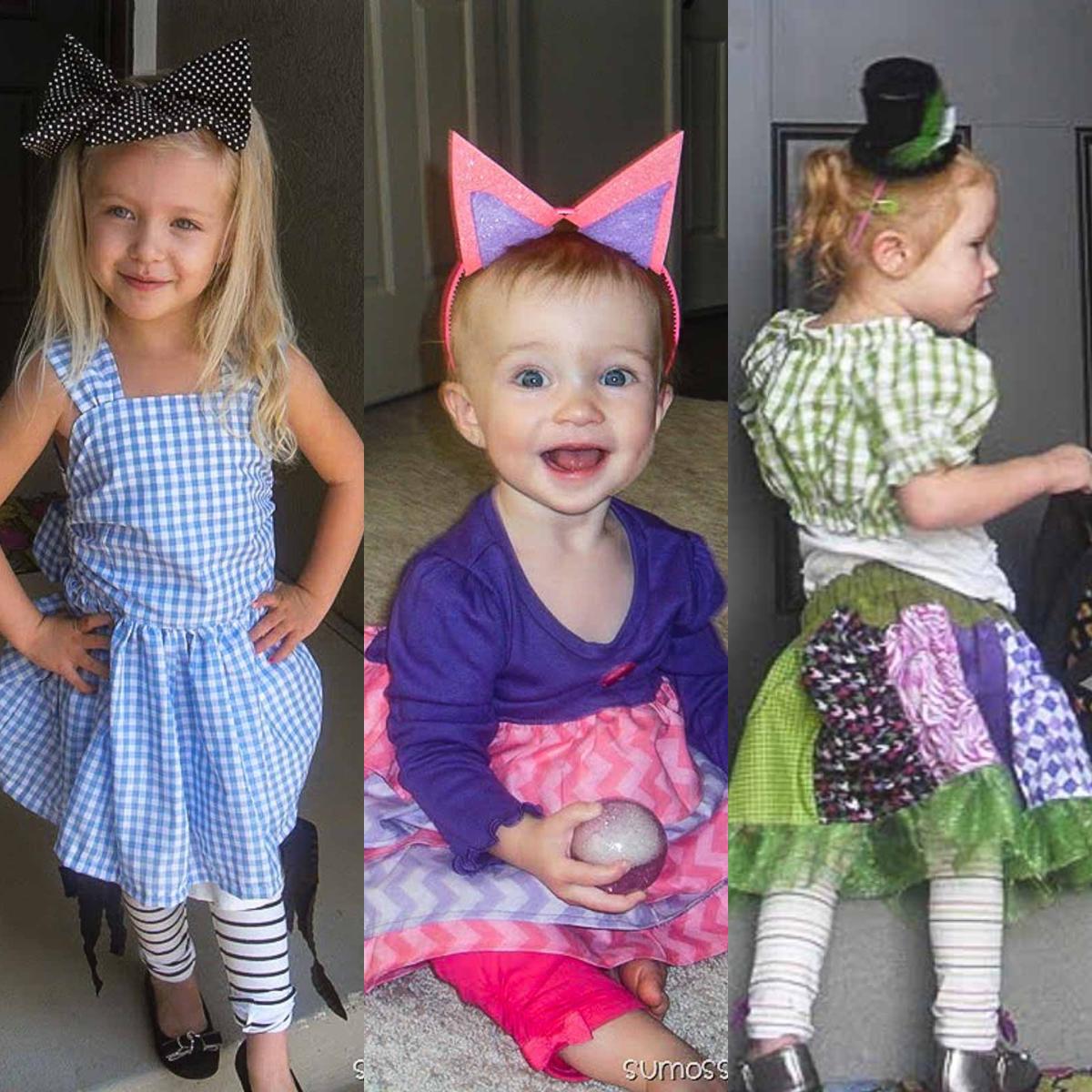 Collage of 3 girls wearing alice in wonderland costumes.