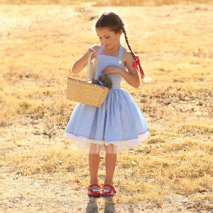 Girl in DIY Dorothy Wizard of Oz dress holding a basket.