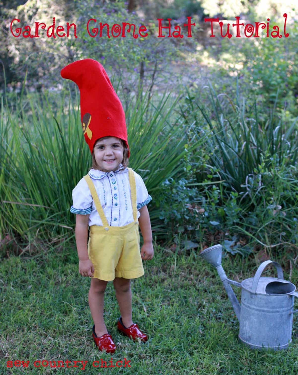 Cute little child dressed in yellow shorts with suspenders and a red DIY garden gnome hat with a cute mushroom on it.