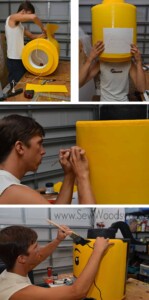 Collage of man making a giant DIY lego head for a halloween costume.
