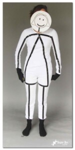 Person in an all white outfit with black tape on top making a stick figure and a cartoon head in front of their face.
