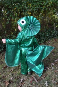 Back side of child wearing a homemade DIY fish costume with an elaborate hood and fins.