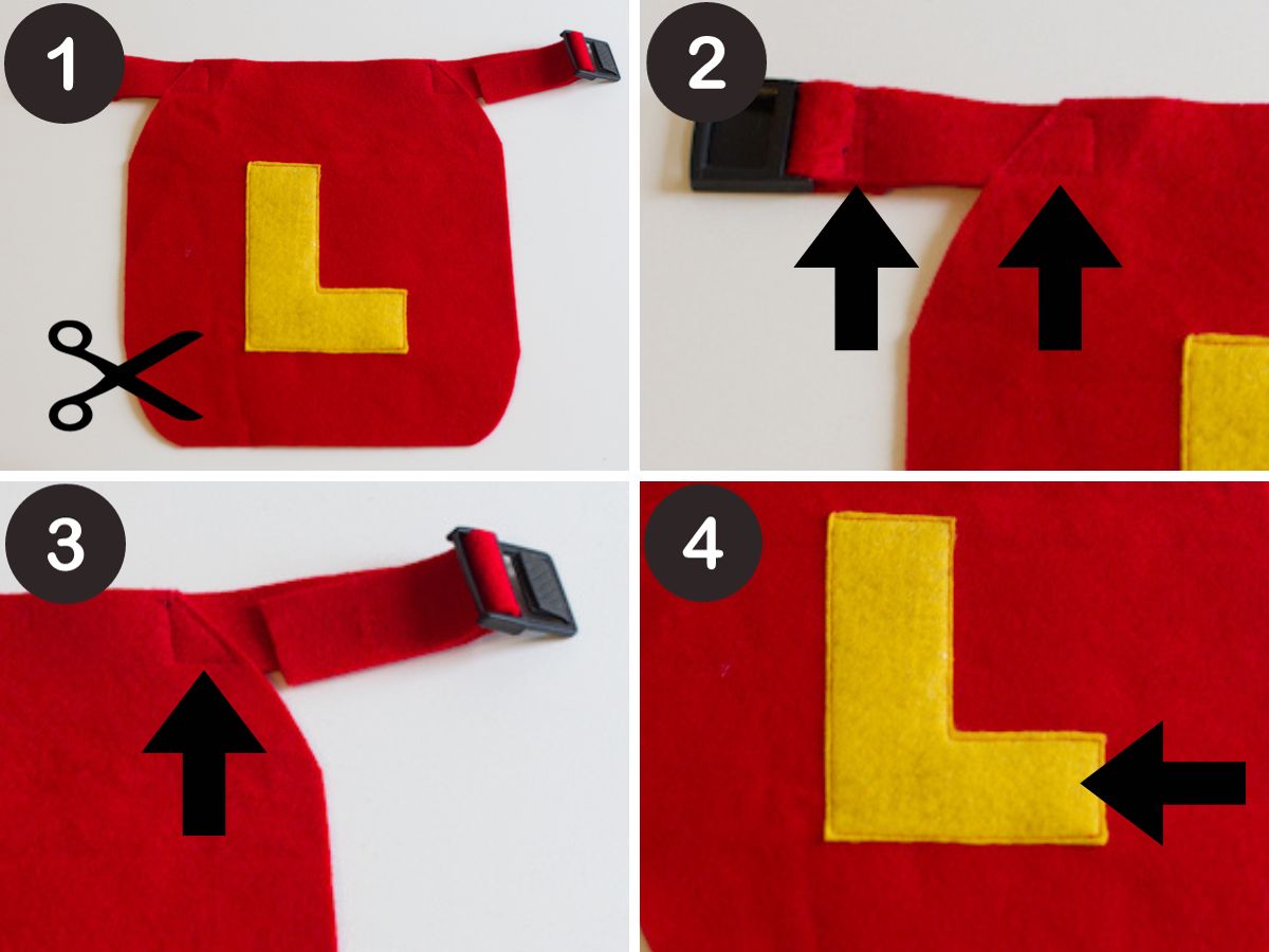 DIY dog superhero cape instruction collage including image showing to cut pieces, sew on neck straps, and sew on the letter.