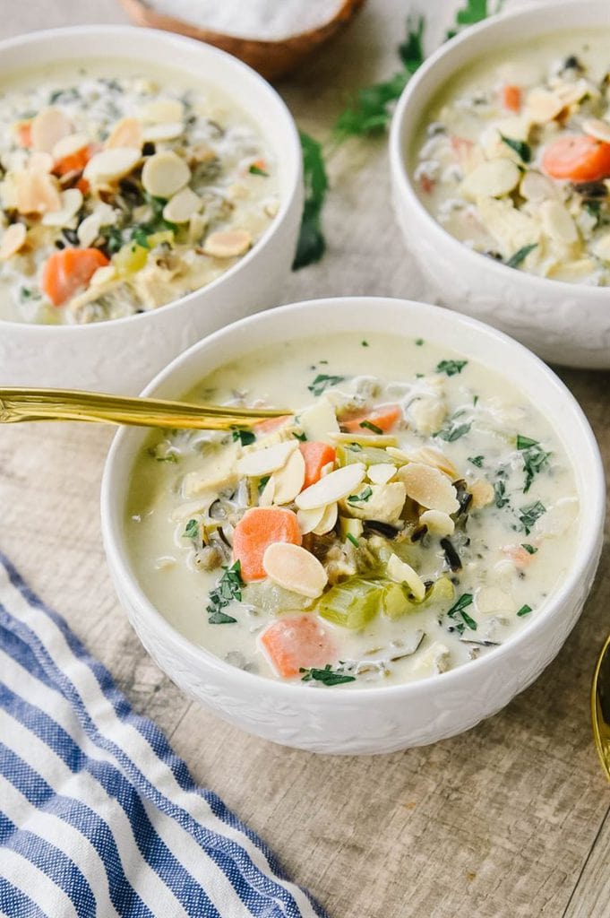 3 bowls of chicken and wild rice soup.