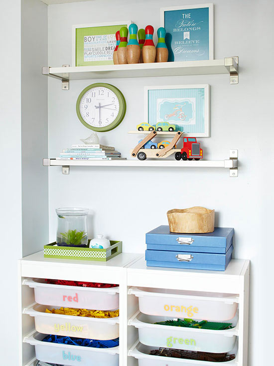 Store legos in Ikea bins and dozens of other great toy storage ideas.