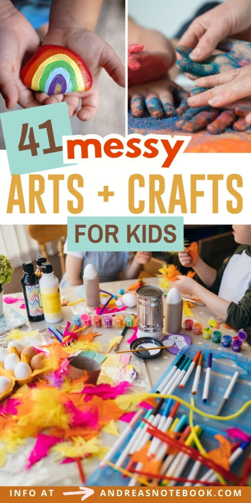 Collage of messy crafts and art projects for kids.