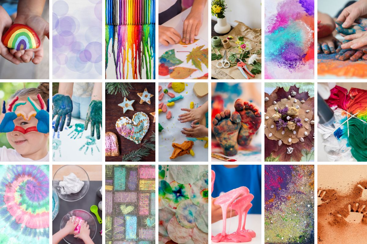 Collage of messy art and crafts projects for kids.
