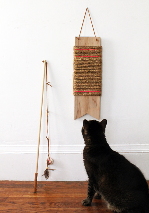 DIY hanging cat scratch post and toy wand