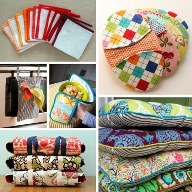 collage of things to sew for the kitchen - white napkins with colorful binding, potholders, casserole carriers, seat cushions, towel holders