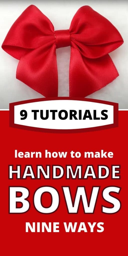 text says 9 ways to make bows - photos show bow on a gift bow on hair bow on a wreath and bow on a railing