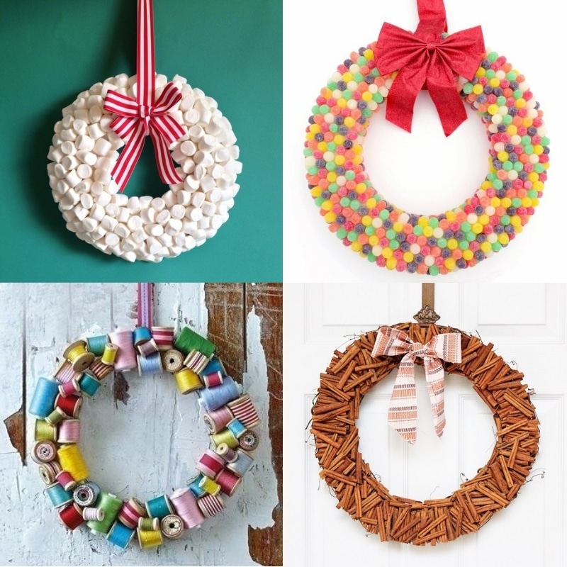 4 different wreaths made out of marshmallows, gumdrops, thread spools and cinnamon sticks