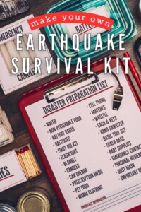 Disaster preparedness list on a clipboard next to candles, batteries and survival supplies.