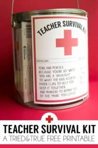 Paint can with large label on front that says emergency teacher survival.