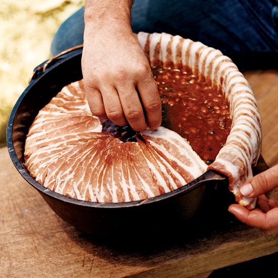 Baked beans encased in bacon! What could be better for a camping trip?