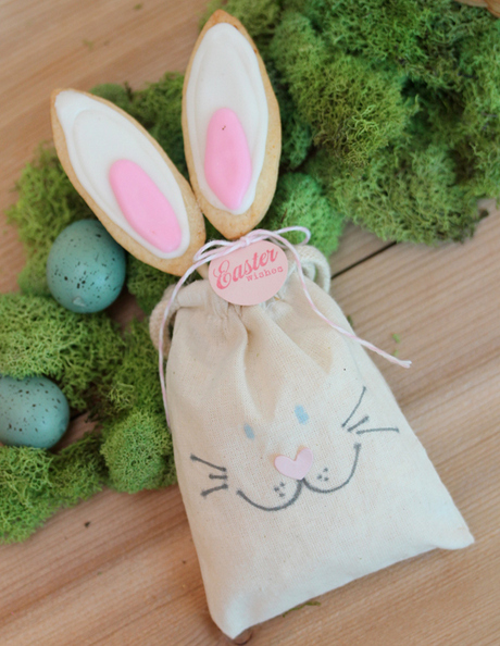 Bake bunny ear cookies on a stick and add to a bunny face bag