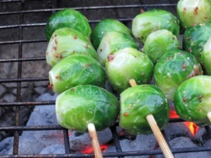 Don't forget your veggies when you go camping! Skewered brussel sprouts grilled with whole grain mustard.