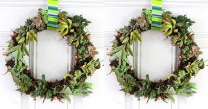 diy green succulent wreath hanging on white door