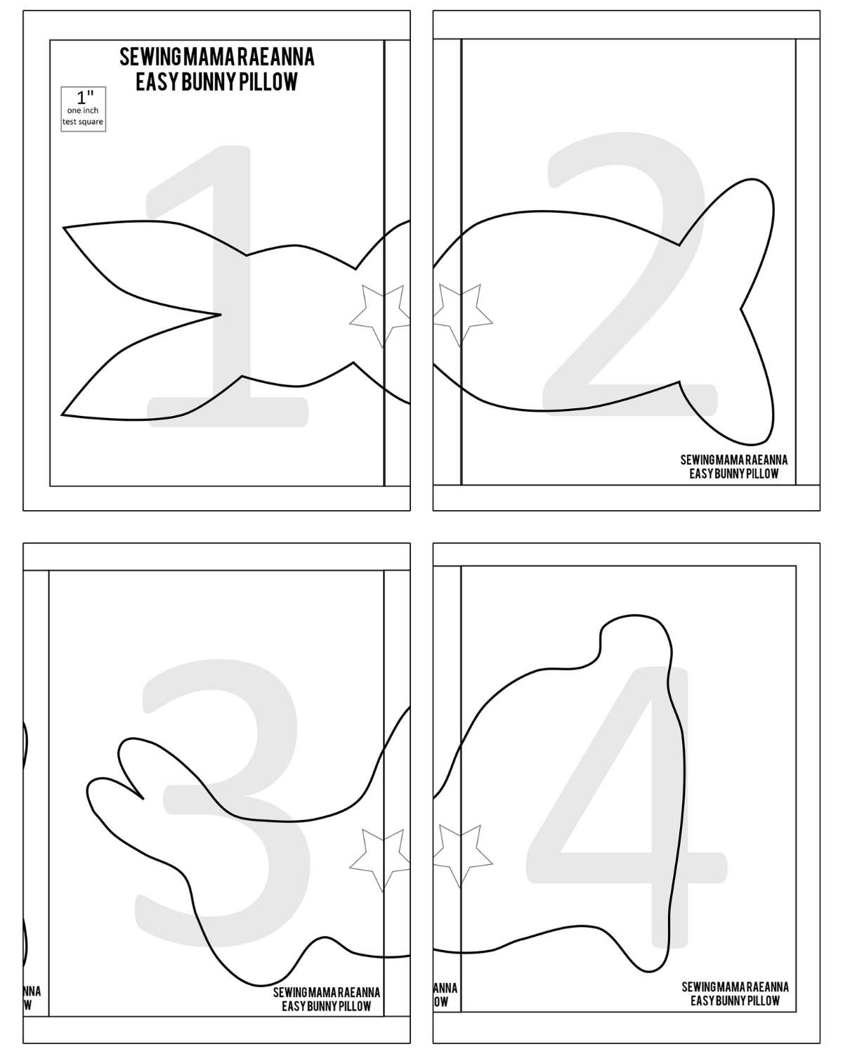 Image of 4 printable pattern pieces as they look if you print them.