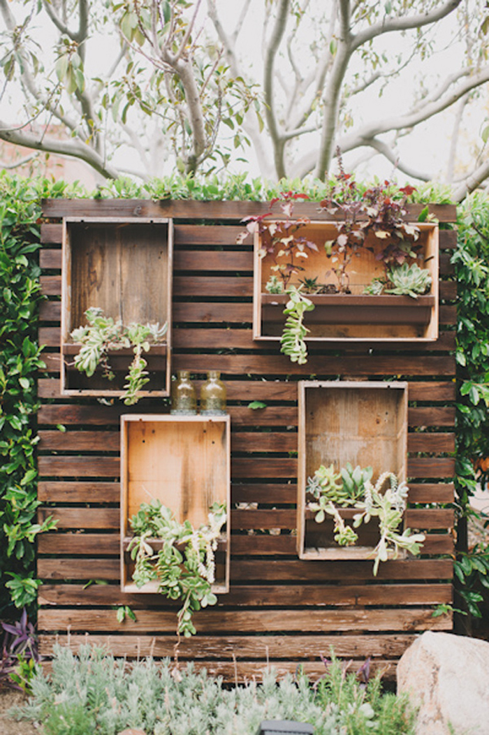 repurposed crates with succulents for an outdoor party or wedding