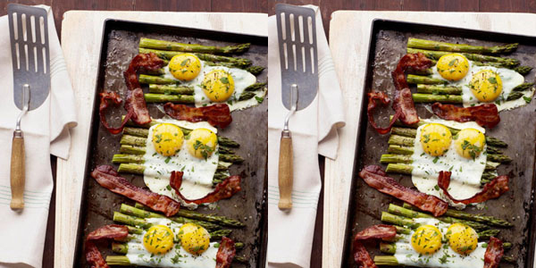 Eggs and bacon over asperagus