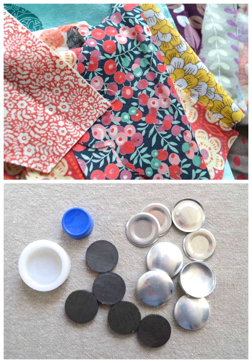 DIY Fabric Covered Button Magnets No Sew with scrap fabric - Sisters, What!