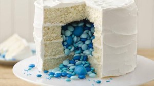Bake a candy filled cake for a gender reveal party! Easy instructions!