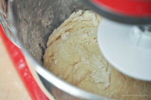 Lion house rolls dough in a mixing bowl beginning to pull away from the sides.