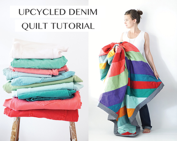 Binding a denim quilt with strips from old jeans: It takes pant