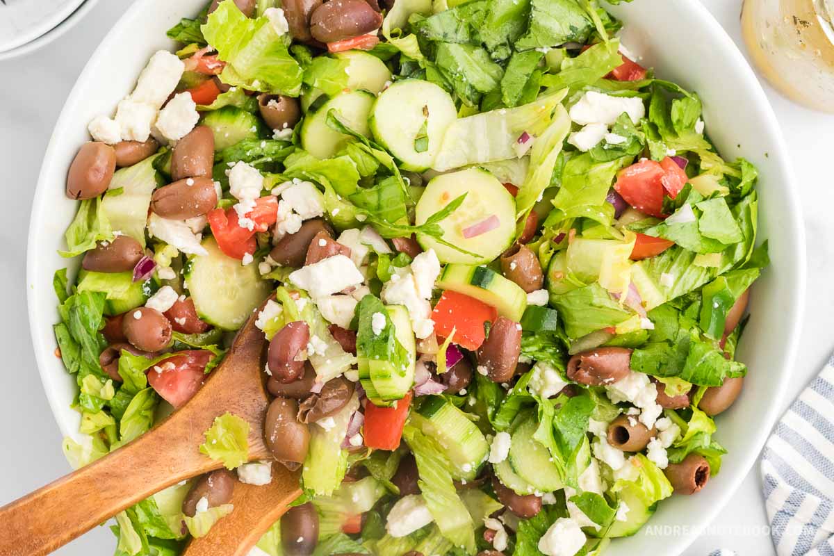 Greek salad in a bowl.