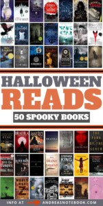 Collage of 42 spooky halloween books for adults.
