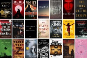 Collage of 21 spooky halloween books for adults.