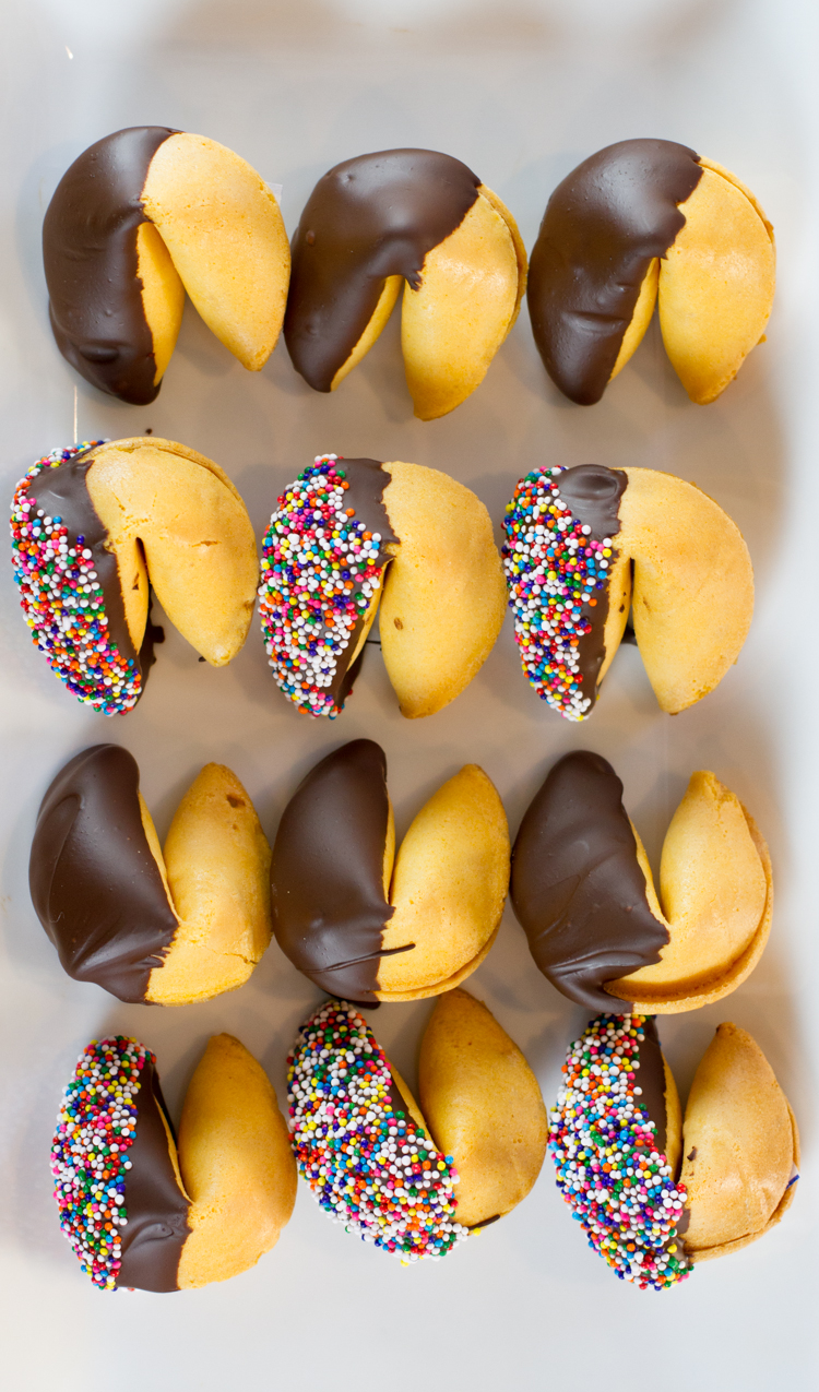 Make chocolate dipped fortune cookies