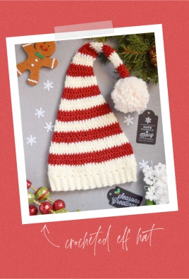 FREE Pixie Elf Hat Crochet Pattern and Tutorial red white strip pom pom