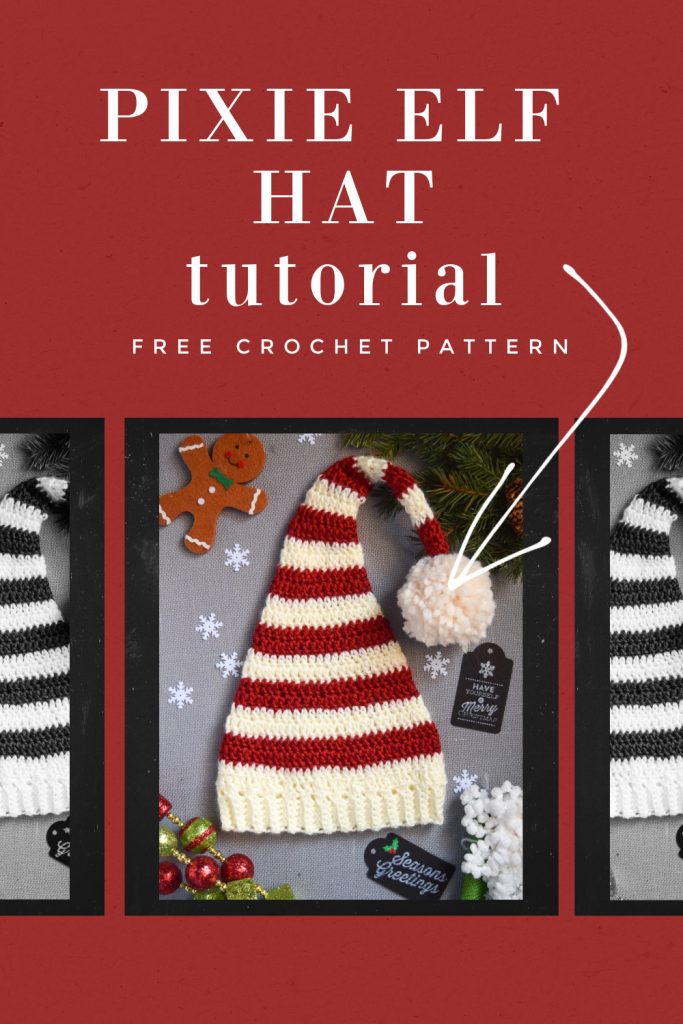 FREE Pixie Elf Hat Crochet Pattern and Tutorial brick red maroon stripe pom pom christmas gingerbread