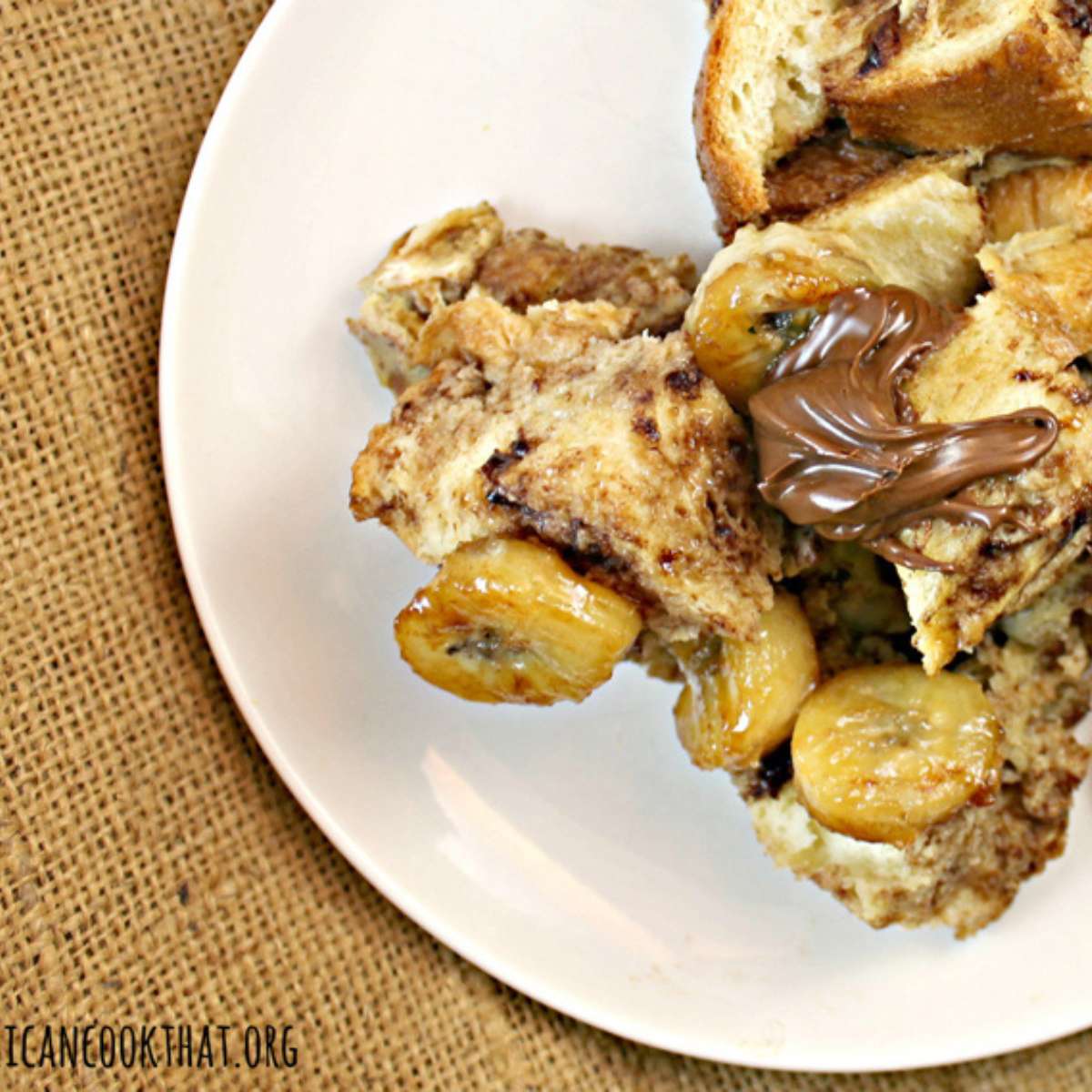 Banana and nutella french toast casserole on a plate.